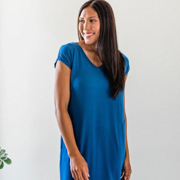 Yala Sloane V-Neck Cap Sleeve Bamboo Maxi Dress with Pockets Lapis - Picture 1 of 4